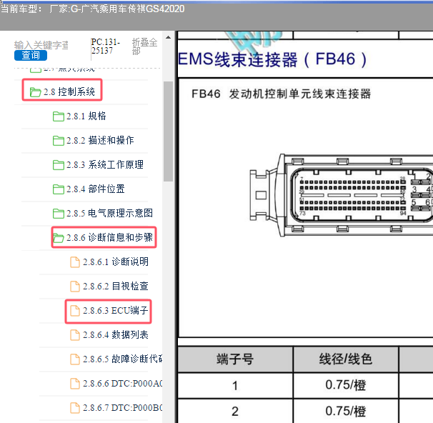2020年广汽乘用车传祺GS4 60+94针发动机针脚资料