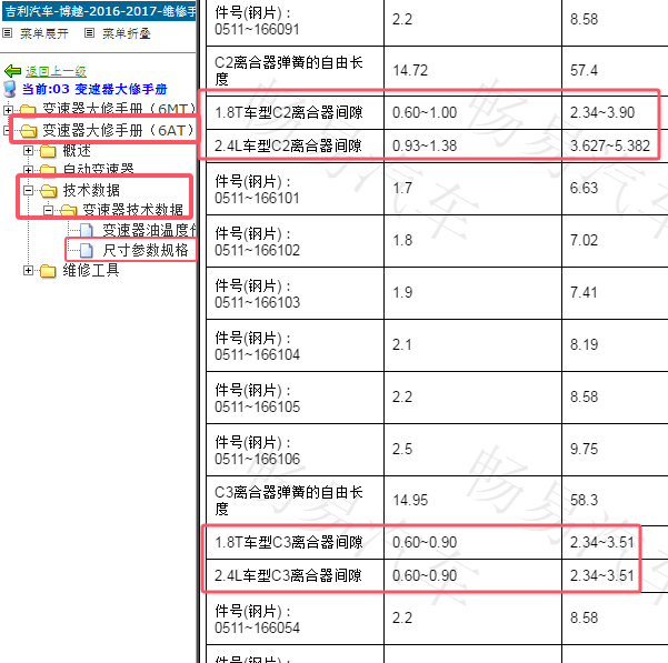 2017年吉利博越6AT 变速箱离合器间隙资料