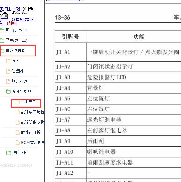2017-2018年长城哈佛M6车身控制模块针脚定义