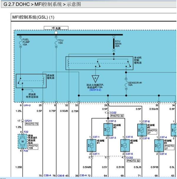 2009年现代经典胜达2.7发动机电路图