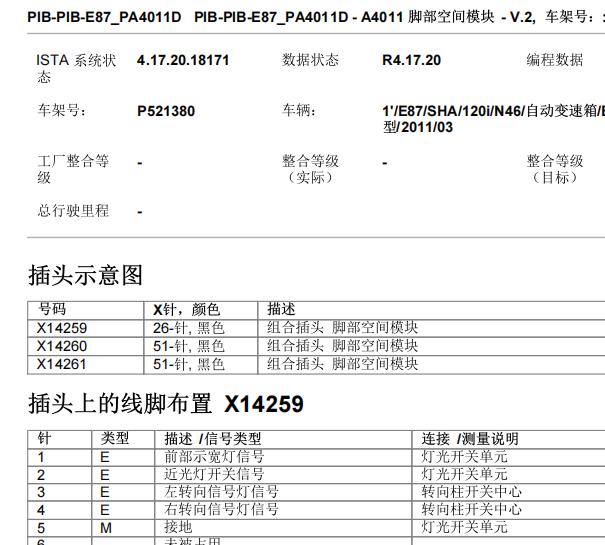 2010年宝马120i 脚部空间模块针脚资料