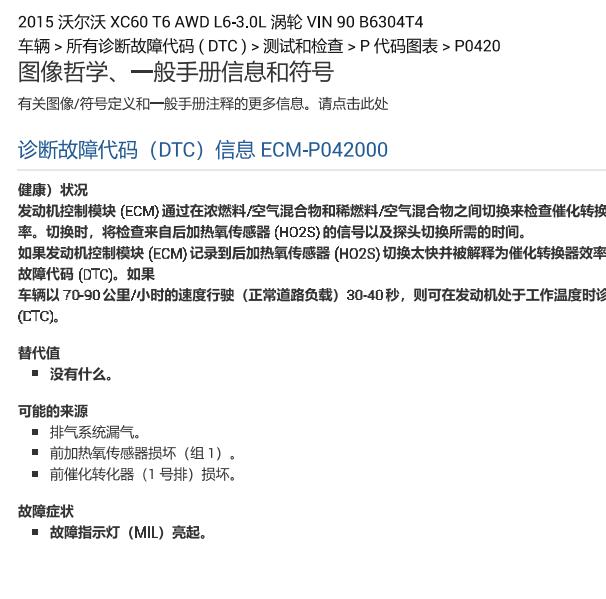 2015年沃尔沃XC60 P0420故障码资料