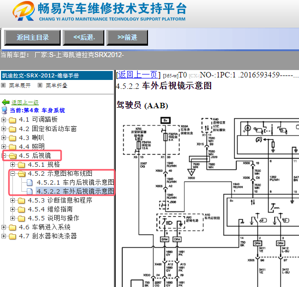 2012年凯迪拉克SRX外部倒车镜电路图