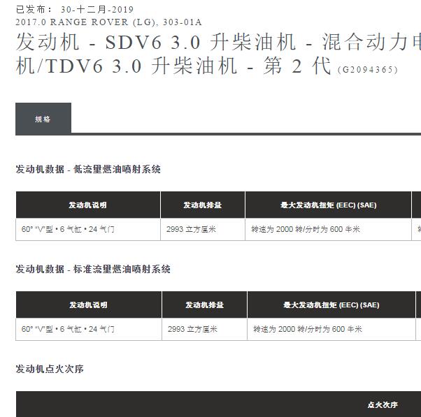 2017年路虎揽胜发动机维修数据