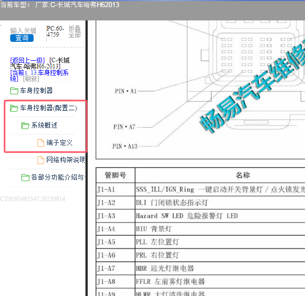 2013年长城汽车哈弗H6车身电脑针脚资料