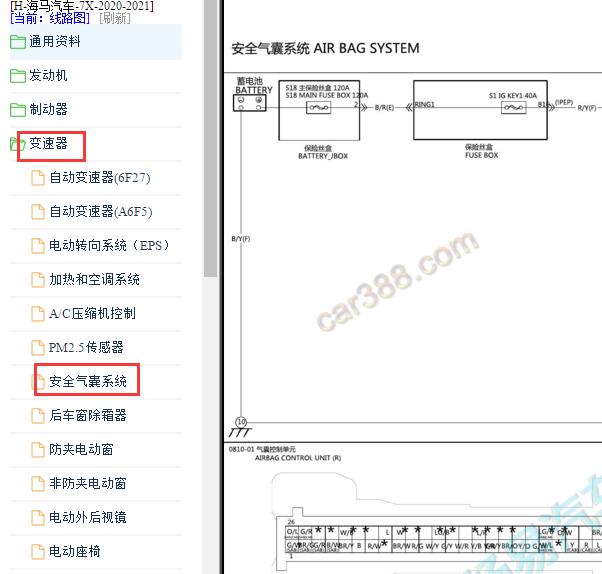 2020-2021年海马7X安全气囊电路图与针脚图