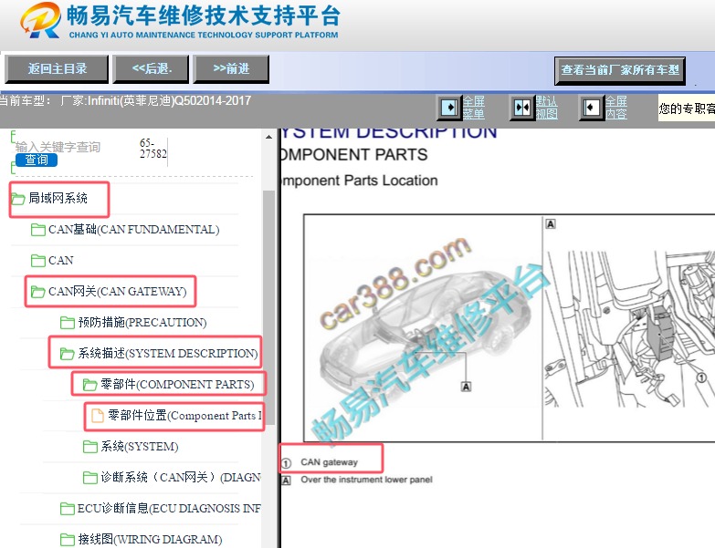 2014-2017年英菲尼迪Q50网关模块位置