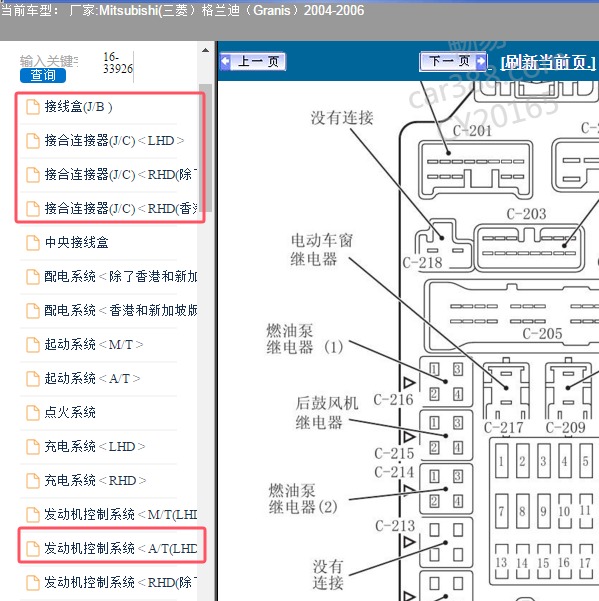 2004-2006年Mitsubishi(三菱）-格兰迪（Granis）保险继电器资料和发动机电路图
