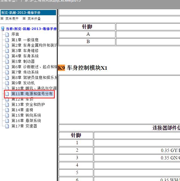 2013年别克凯越车身控制模块针脚定义