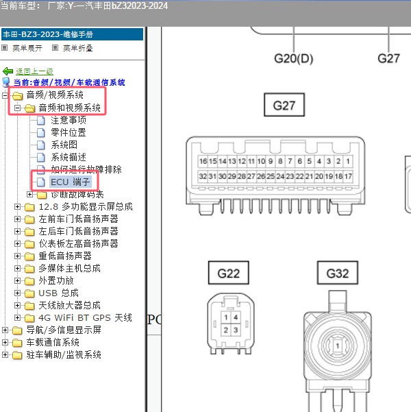 2023-2024年一汽丰田-bZ3 音响系统针脚资料