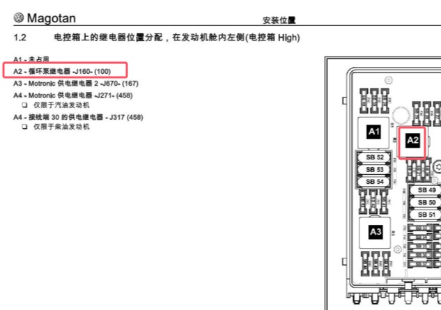2009年大众迈腾循环泵继电器位置