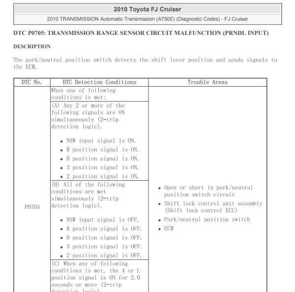2010年丰田酷路泽P0705故障码资料