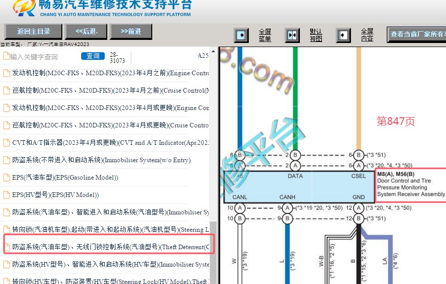 2023年丰田RAV4车门控制和轮胎压力监控系统接收器总成电路图