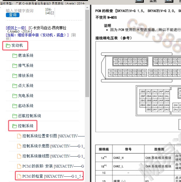 2014年马自达昂克赛拉发动机针脚资料
