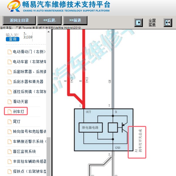 2019年丰田威尔法混动刹车灯开关电路图