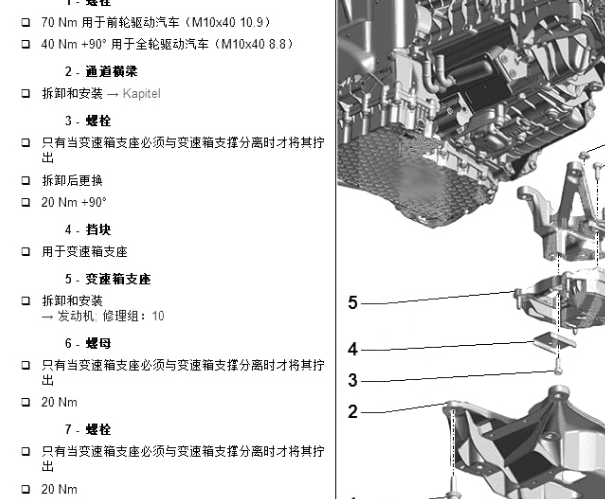 2021年奥迪A6 变速箱支座扭矩