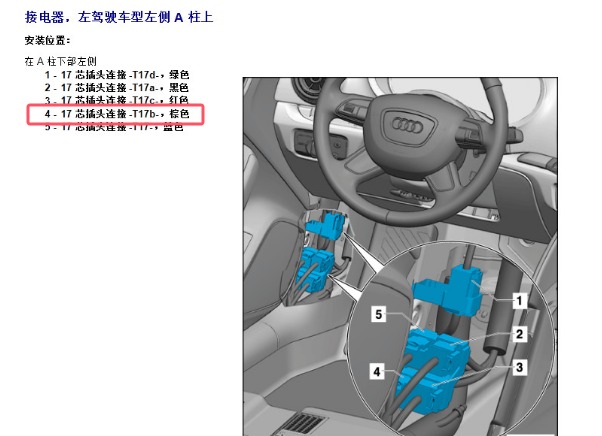 2014年奥迪A3 T17b插头连接器位置
