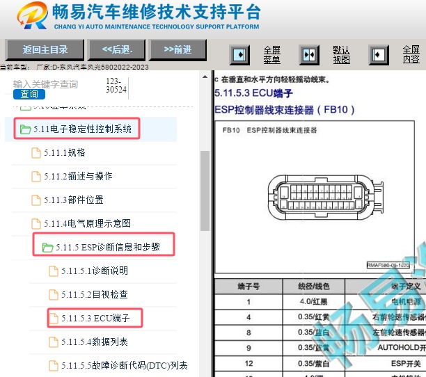 2022-2023年东风风光580 ABS针脚资料