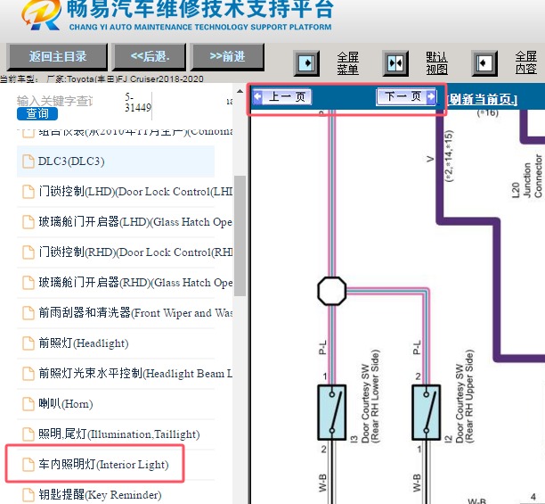 2018-2020年丰田酷路泽车内照明灯电路图