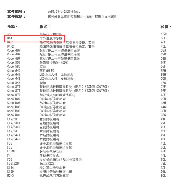 2017年奔驰GLE43室外温度传感器电路图