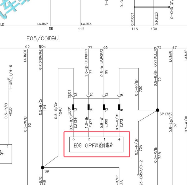 2020-2021年江淮瑞风M3发动机GPF压差传感器电路图
