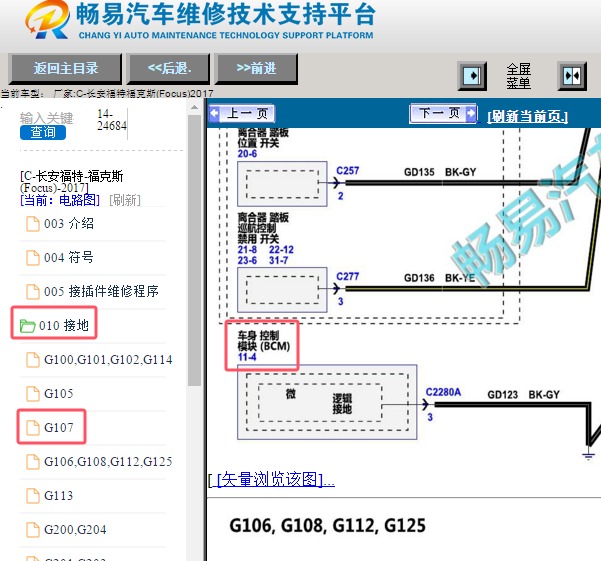 2017年福特福克斯车身电脑接地电路图