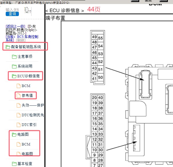2012年日产轩逸车身模块电路图和针脚资料