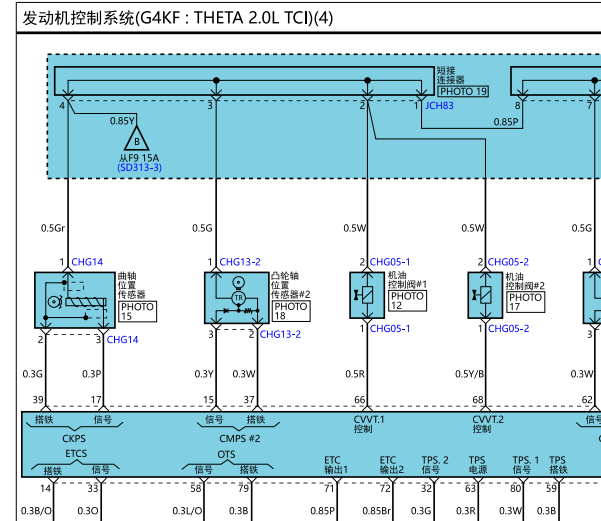 2009年现代劳恩斯酷派凸轮轴位置传感器电路图