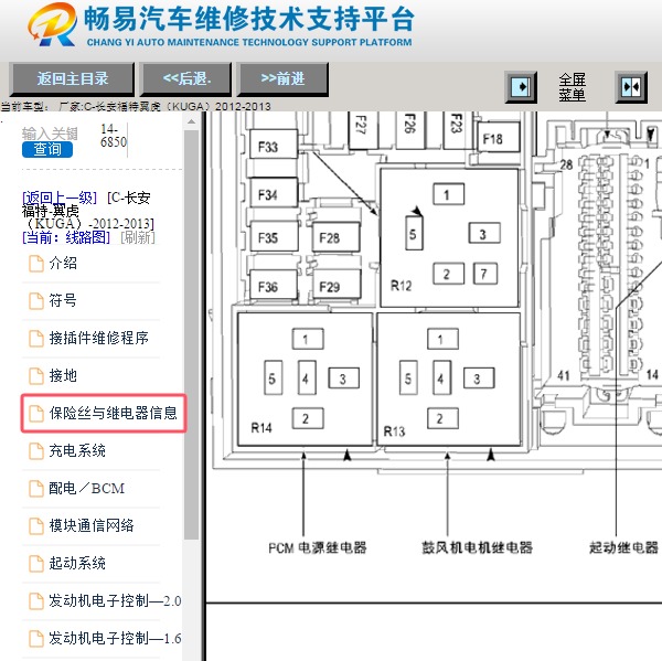 2013年福特翼虎保险丝继电器位置