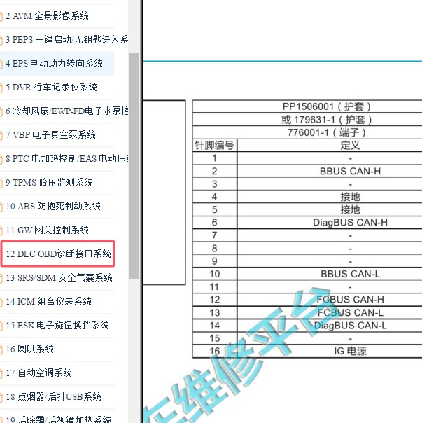 2018年北汽EU5 OBD针脚定义
