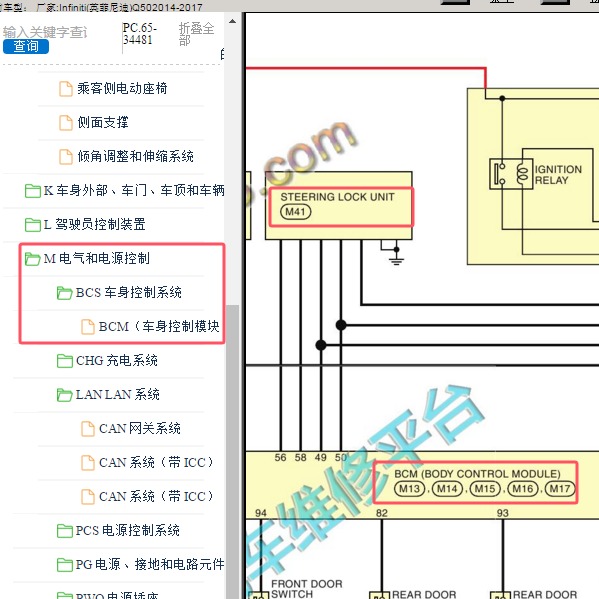 2014-2017年Infiniti(英菲尼迪)-Q50 转向柱锁和BCM电路图