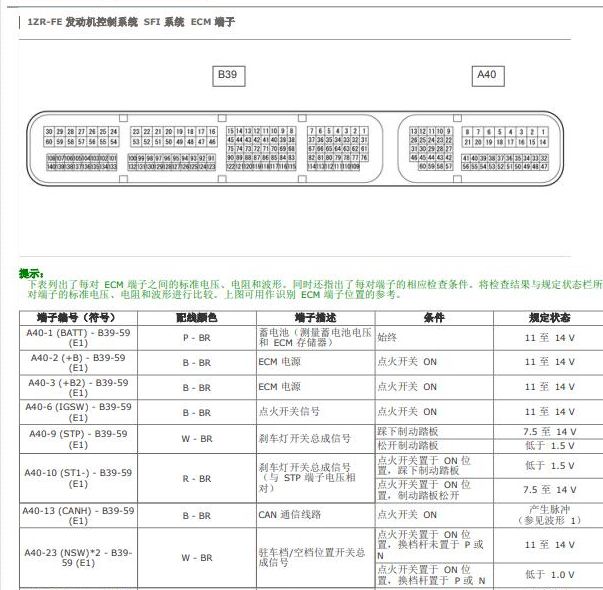 2013年丰田花冠1ZR 6插头发动机针脚定义