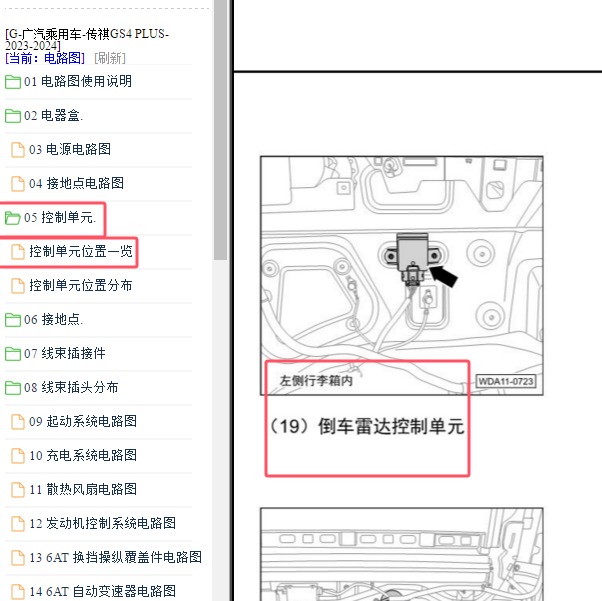 2023-2024年广汽传祺GS4 PLUS倒车雷达模块安装位置