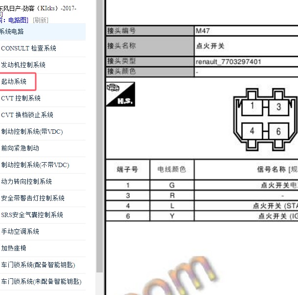2017-2018年日产劲客点火开关针脚定义