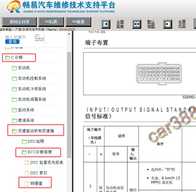 2019-2020年东风日产天籁变速箱针脚资料
