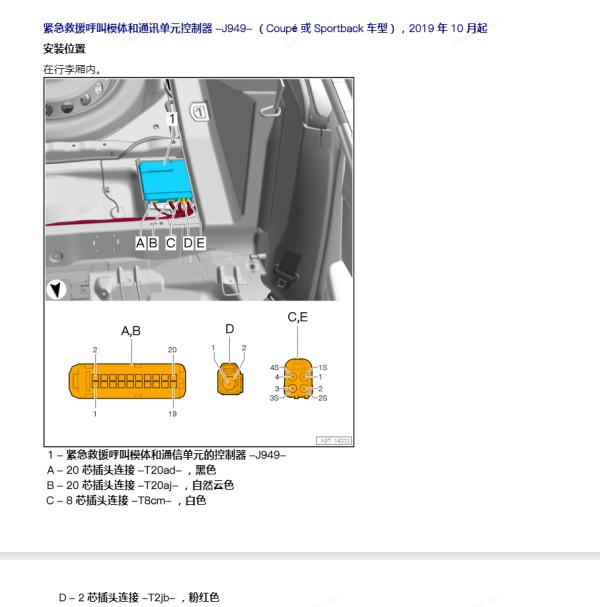 2021年奥迪A5紧急呼叫模块安装位置