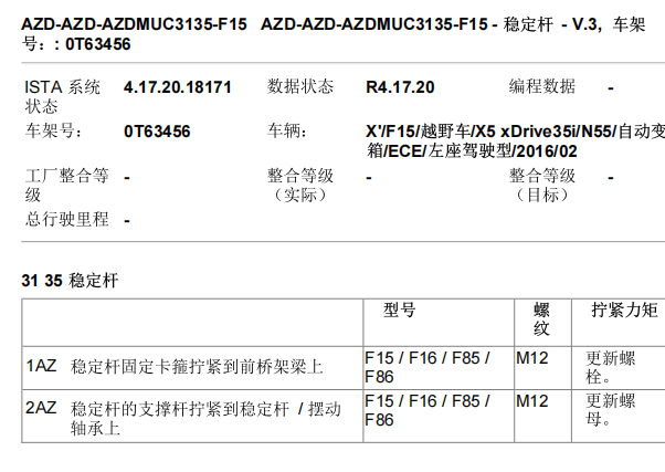 2014年宝马X5底盘稳定杆扭矩资料