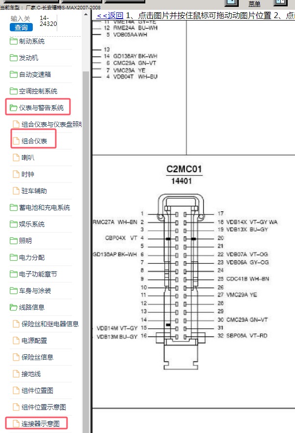 2008年长安福特-S-MAX 组合仪表针脚