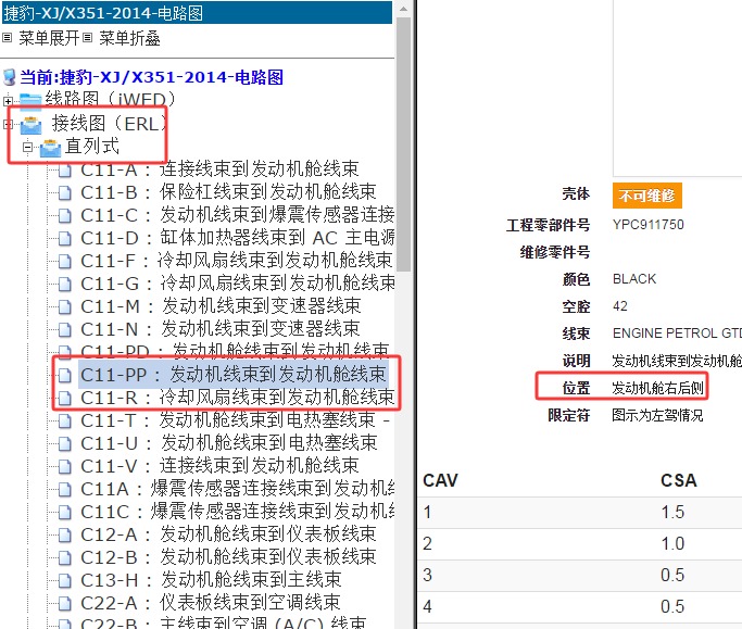 2014年捷豹XJL 插头C11-R和C11-PP插头位置