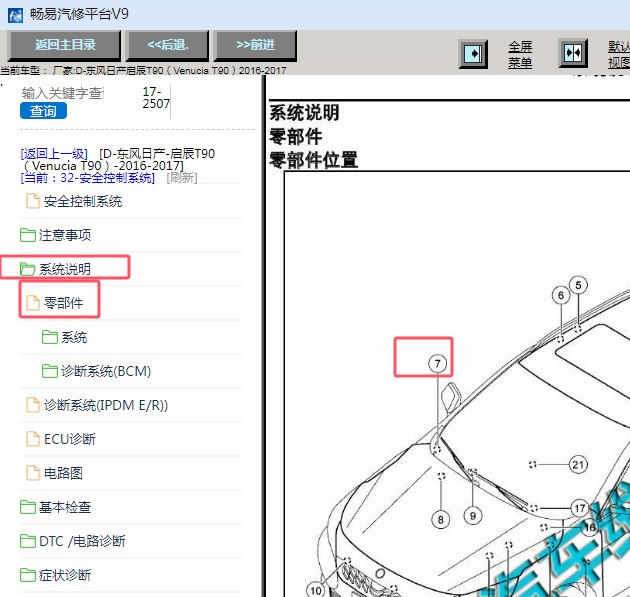 2016-2017年东风启辰T90遥控钥匙接收器位置资料