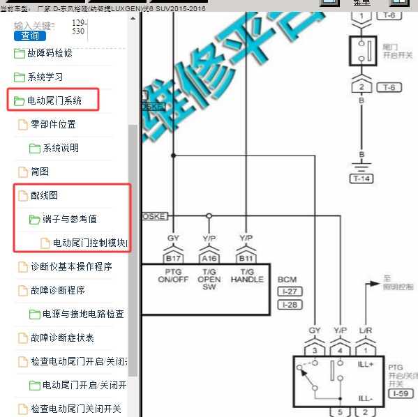 2015年东风裕隆(纳智捷LUXGEN)-优6 SUV电动尾门电路图和针脚资料