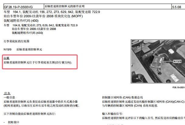 2012年奔驰GL450 后轴差速锁控制单元位置