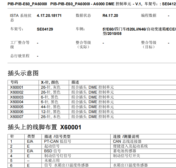 2010年宝马520Li发动机电脑针脚资料