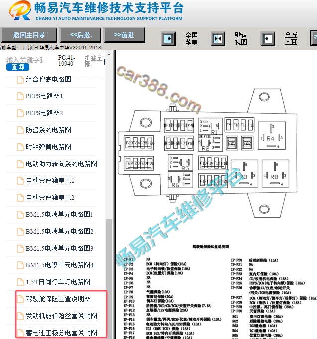 2015-2018年华晨中华V3保险丝说明资料