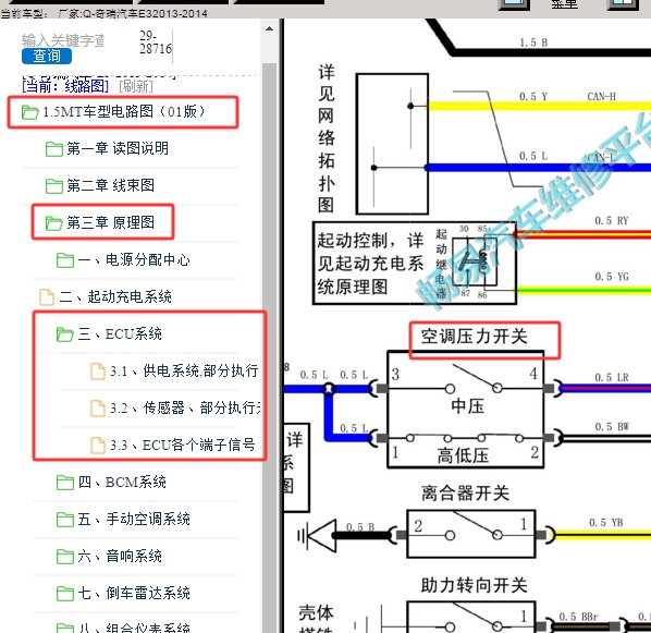 2013年奇瑞E3 空调压力开关电路图