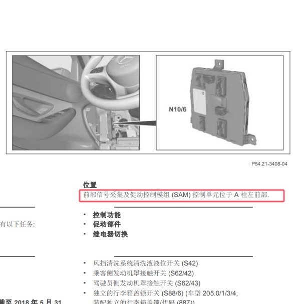 2017年奔驰C200L前SAM模块安装位置