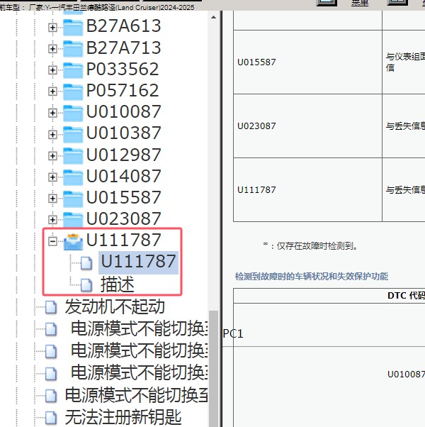 2024-2025年一汽丰田-兰德酷路泽 U111787故障码资料
