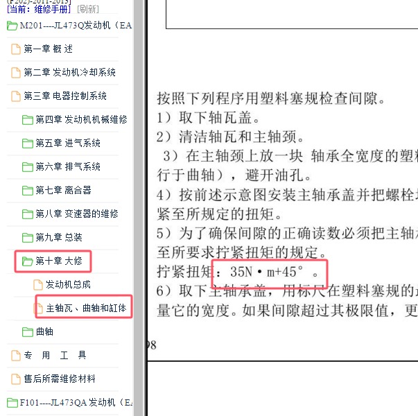 2011-2013年长安金牛星发动机轴瓦扭矩