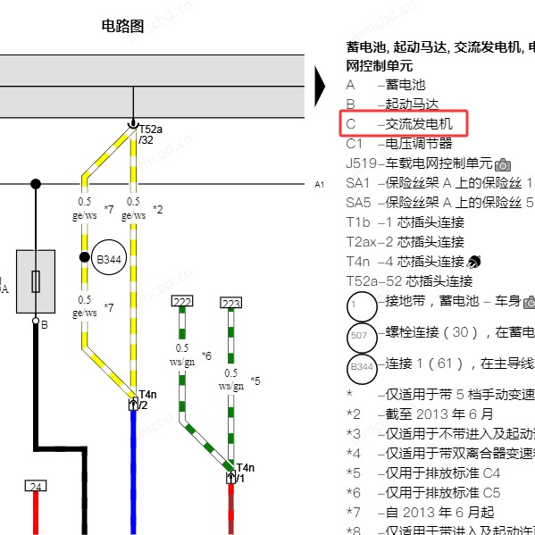 2012年斯柯达昊锐充电系统电路图