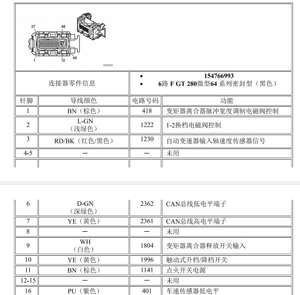 2012年别克君越变速箱针脚定义